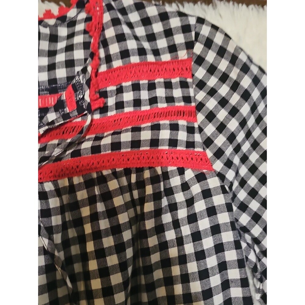 Crown & Ivy Frida's Garden Navy Red/White S Gingham Peasant Top Checks  Tassels - Picture 7 of 16